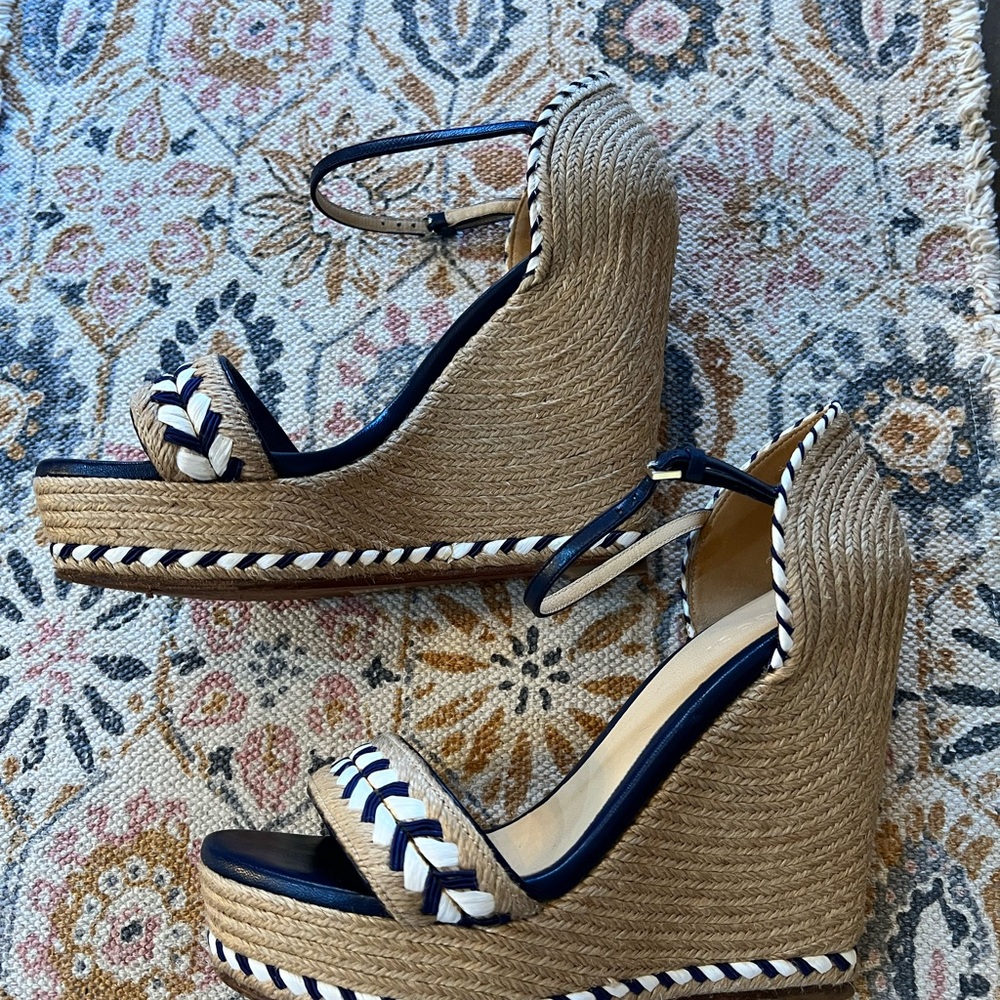 Authentic Gucci Tiffany Espadrille Wedge Navy White sz 38